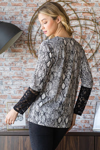 Heimish Snakeskin Print Round Neck Lace Contrast Top