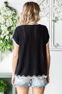 First Love Contrast Wavy Crochet Drop Shoulder Knit Top