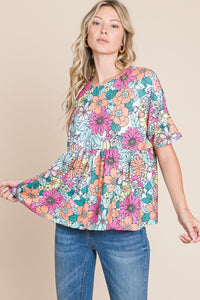 BOMBOM Floral Round Neck Short Sleeve Blouse