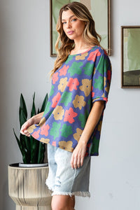 HOPELY Floral Round Neck Side Slit T-Shirt