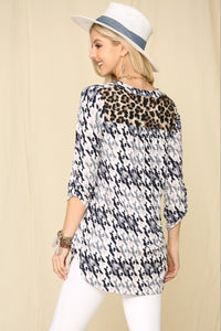 Celeste Houndstooth & Leopard Roll-Tab Sleeve Top