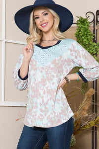 Celeste Leaf Print Contrast Trim Balloon Sleeve Top