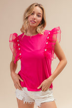 Load image into Gallery viewer, BiBi Pearl Decor Mesh Ruffle Sleeve Top