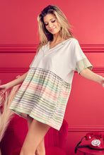 Load image into Gallery viewer, BiBi Striped Exposed Seam V-Neck Short Sleeve Blouse