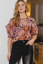 Load image into Gallery viewer, ODDI Full Size Floral Tie Neck Ruffled Blouse