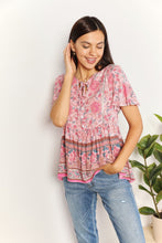 Load image into Gallery viewer, Double Take Bohemian Decorative Button Tie-Neck Peplum Blouse