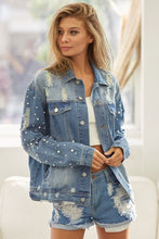 Load image into Gallery viewer, BiBi Pearl Detail Distressed Button Up Denim Jacket