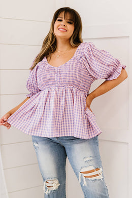 Davi & Dani Youthful Days Gingham Smocked Babydoll Top