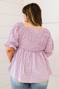 Davi & Dani Youthful Days Gingham Smocked Babydoll Top