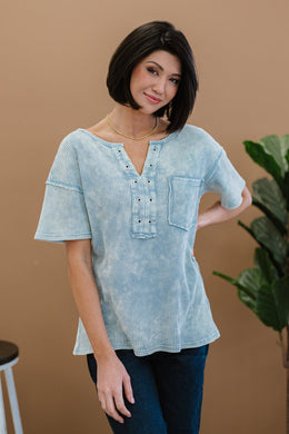 BiBi Something New Thermal Knit Top in Denim