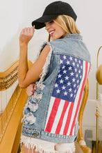 Load image into Gallery viewer, BiBi Distressed Raw Hem US Flag Sleeveless Denim Jacket