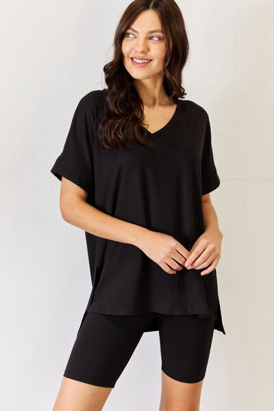 Zenana V-Neck Short Sleeve Slit T-Shirt and Shorts Set