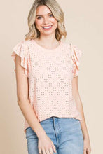 Load image into Gallery viewer, Culture Code Eyelet Round Neck Ruffled Cap Sleeve Top