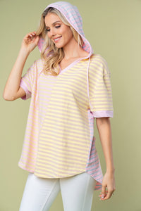 White Birch Striped Short Sleeve Drawstring Hooded Top