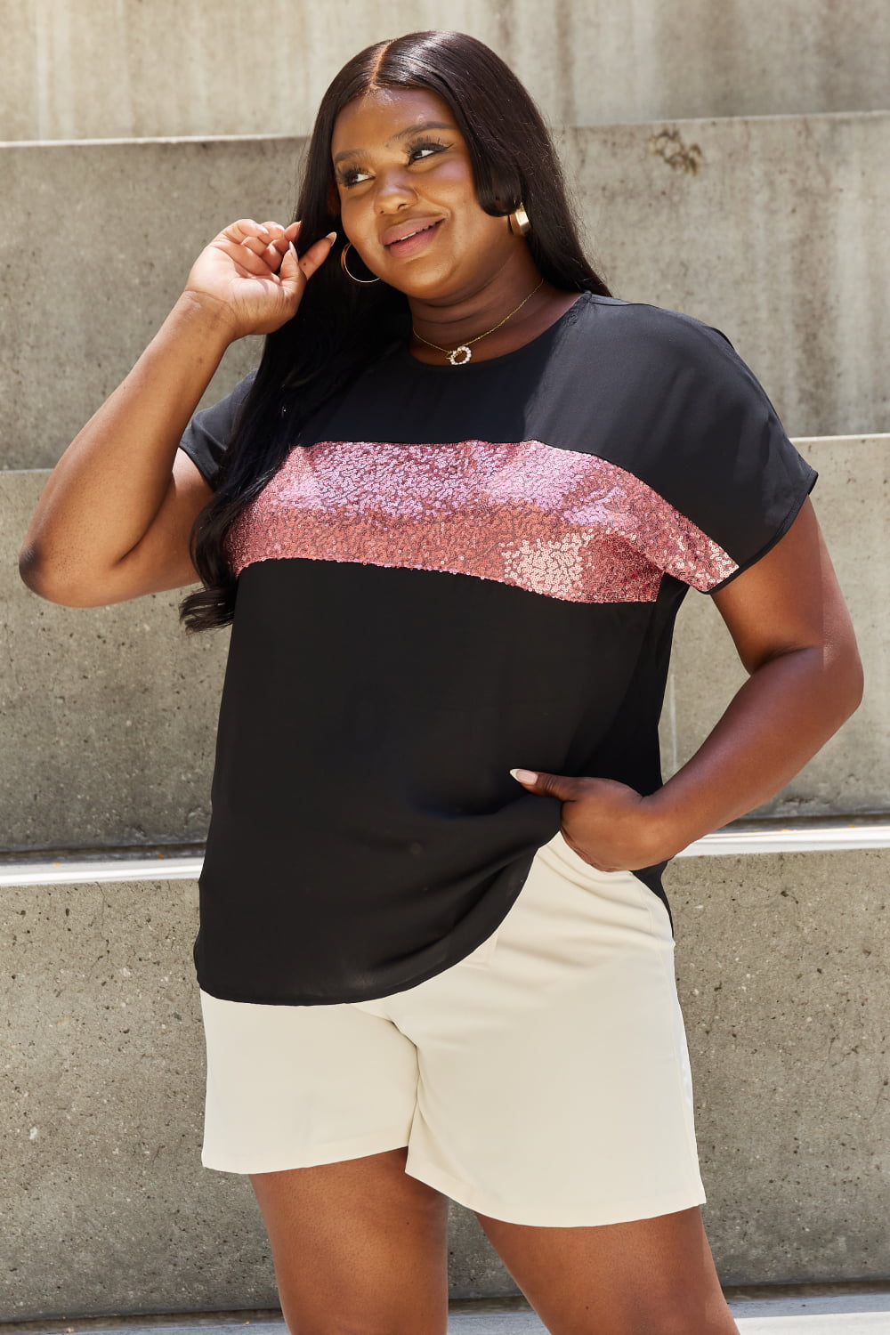 Sew In Love Shine Bright Center Mesh Sequin Top in Black/Mauve