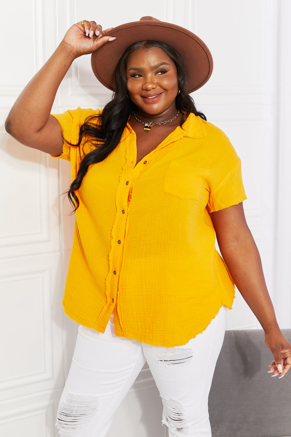 Zenana Summer Breeze Gauze Short Sleeve Shirt in Mustard