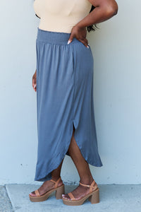 Doublju Comfort Princess High Waist Scoop Hem Maxi Skirt in Dusty Blue