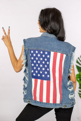 BiBi Hometown USA Flag Graphic Cutoff Denim Jacket