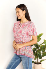 Load image into Gallery viewer, Double Take Bohemian Decorative Button Tie-Neck Peplum Blouse