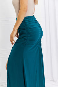 White Birch Up and Up Ruched Slit Maxi Skirt in Teal