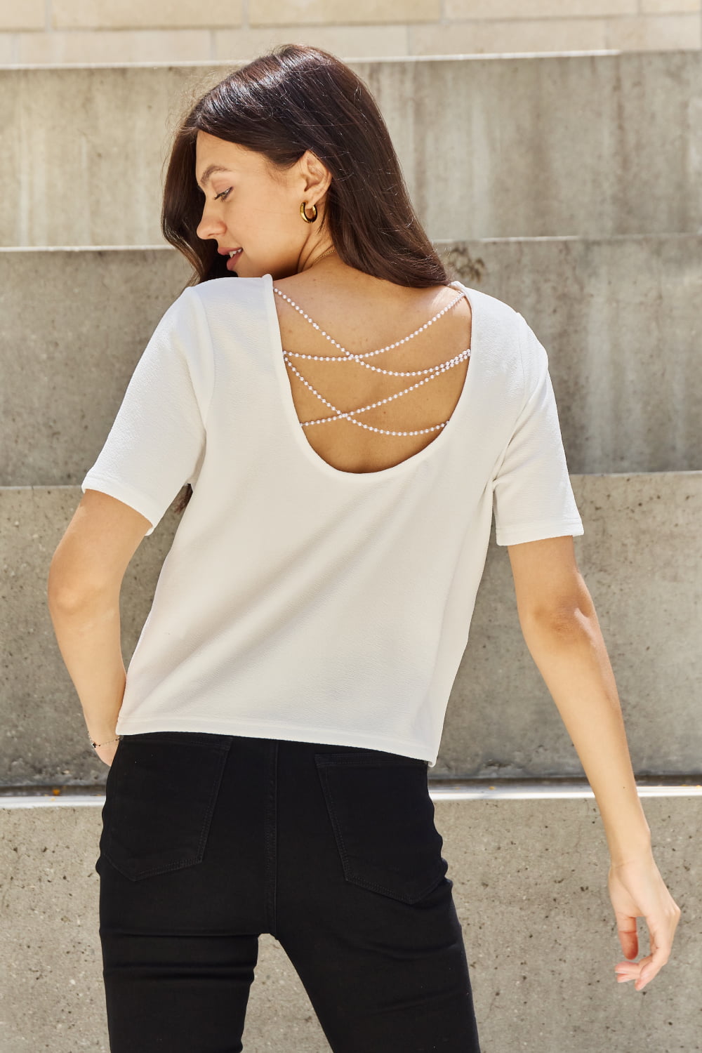 And The Why Pearly White Criss Cross Pearl Detail Open Back T-Shirt