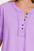 Load image into Gallery viewer, Zenana Exposed Seam Half Button Short Sleeve Top