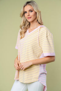 White Birch Striped Short Sleeve Drawstring Hooded Top