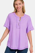 Load image into Gallery viewer, Zenana Exposed Seam Half Button Short Sleeve Top