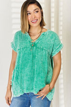 Load image into Gallery viewer, Zenana Washed Raw Hem Short Sleeve Blouse with Pockets