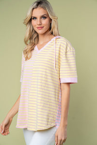 White Birch Striped Short Sleeve Drawstring Hooded Top