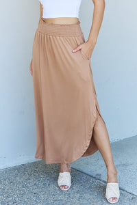 Doublju Comfort Princess High Waist Scoop Hem Maxi Skirt in Tan