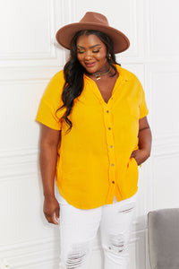 Zenana Summer Breeze Gauze Short Sleeve Shirt in Mustard