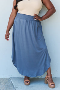Doublju Comfort Princess High Waist Scoop Hem Maxi Skirt in Dusty Blue