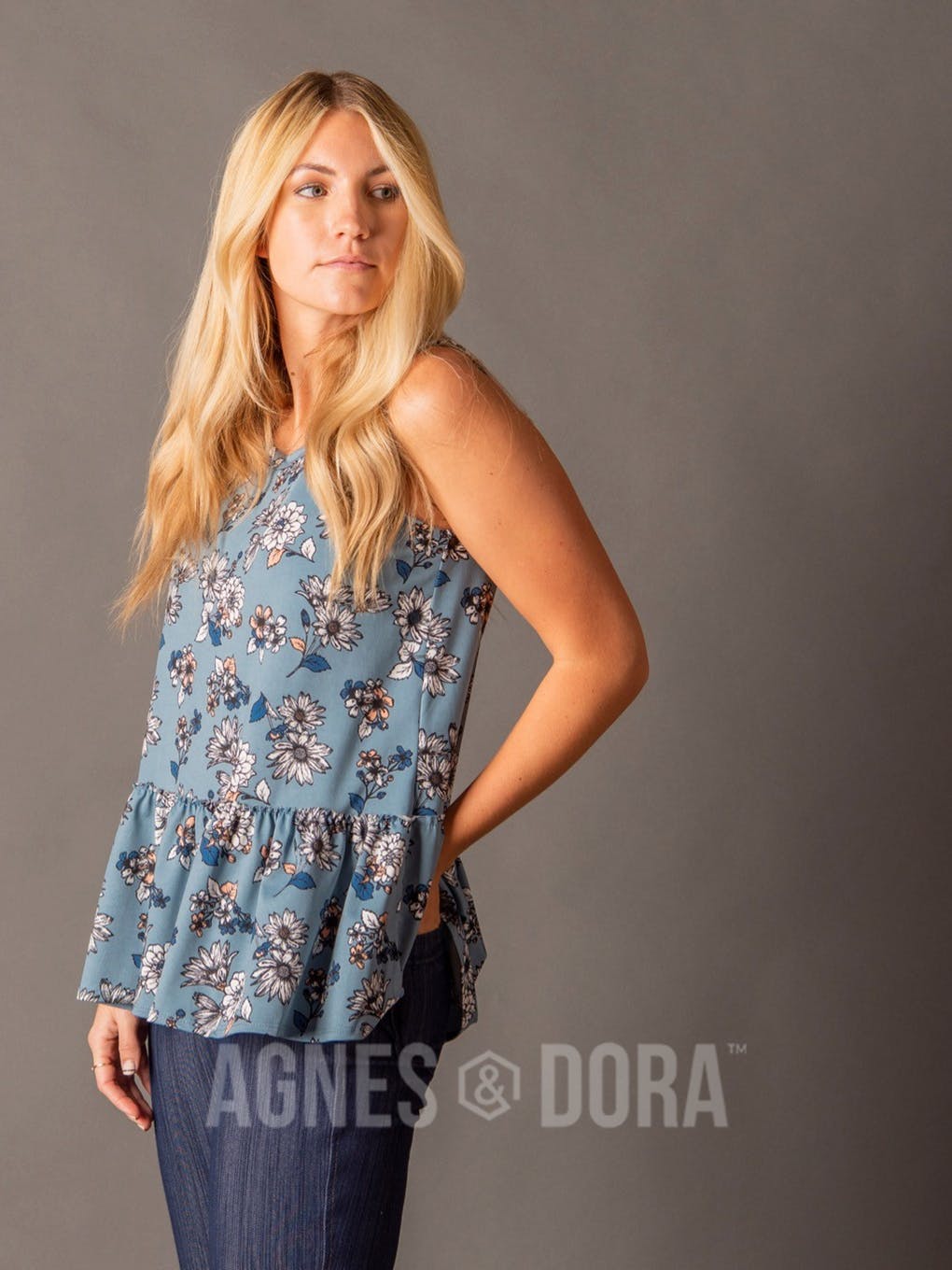 Agnes & Dora™ Relaxed Ruffle Tank Chambray/Blush Floral