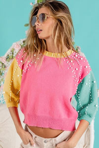 BiBi Color Block Pearl Decor Cropped Sweater