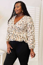 Load image into Gallery viewer, Double Take Printed Tied Plunge Peplum Blouse