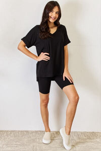 Zenana V-Neck Short Sleeve Slit T-Shirt and Shorts Set