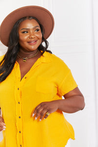 Zenana Summer Breeze Gauze Short Sleeve Shirt in Mustard